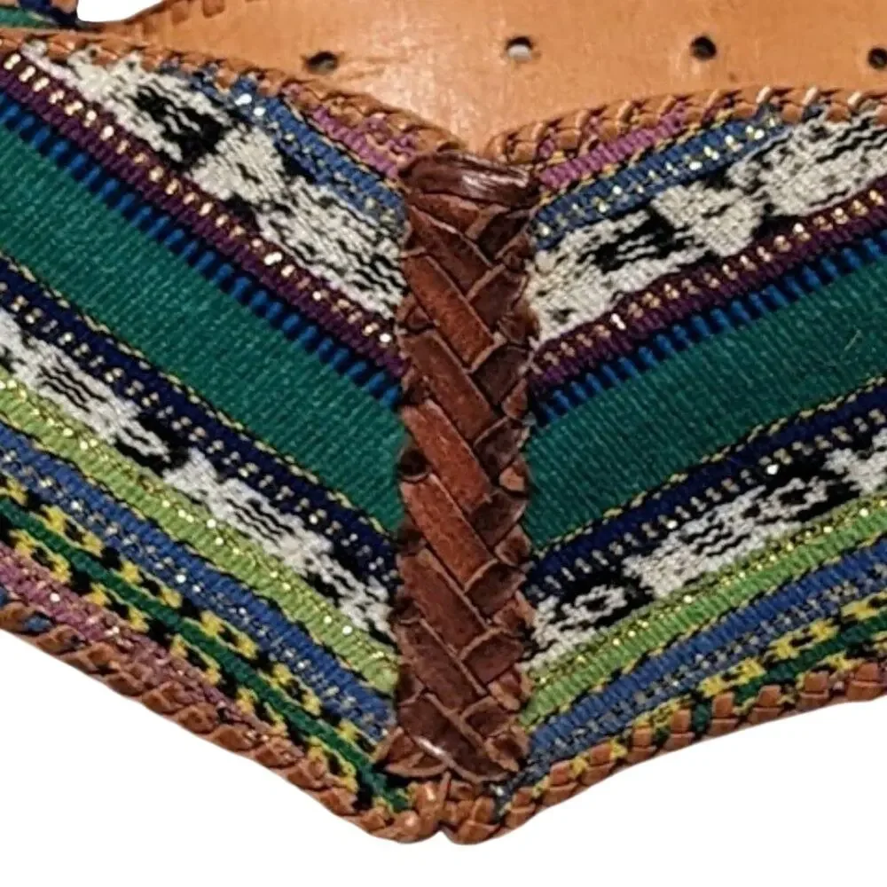 Vintage Colorful Tapestry Leather Chevron Whipstitch Edged Belt Size 34